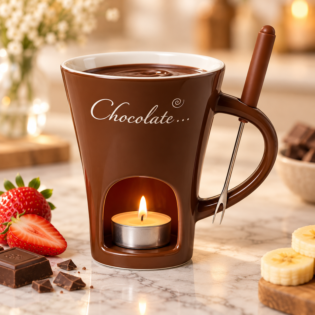 Brown fondue mug with tealight and dipping fork
