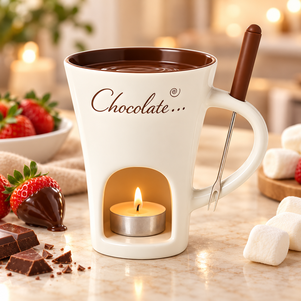 White fondue mug with melted chocolate