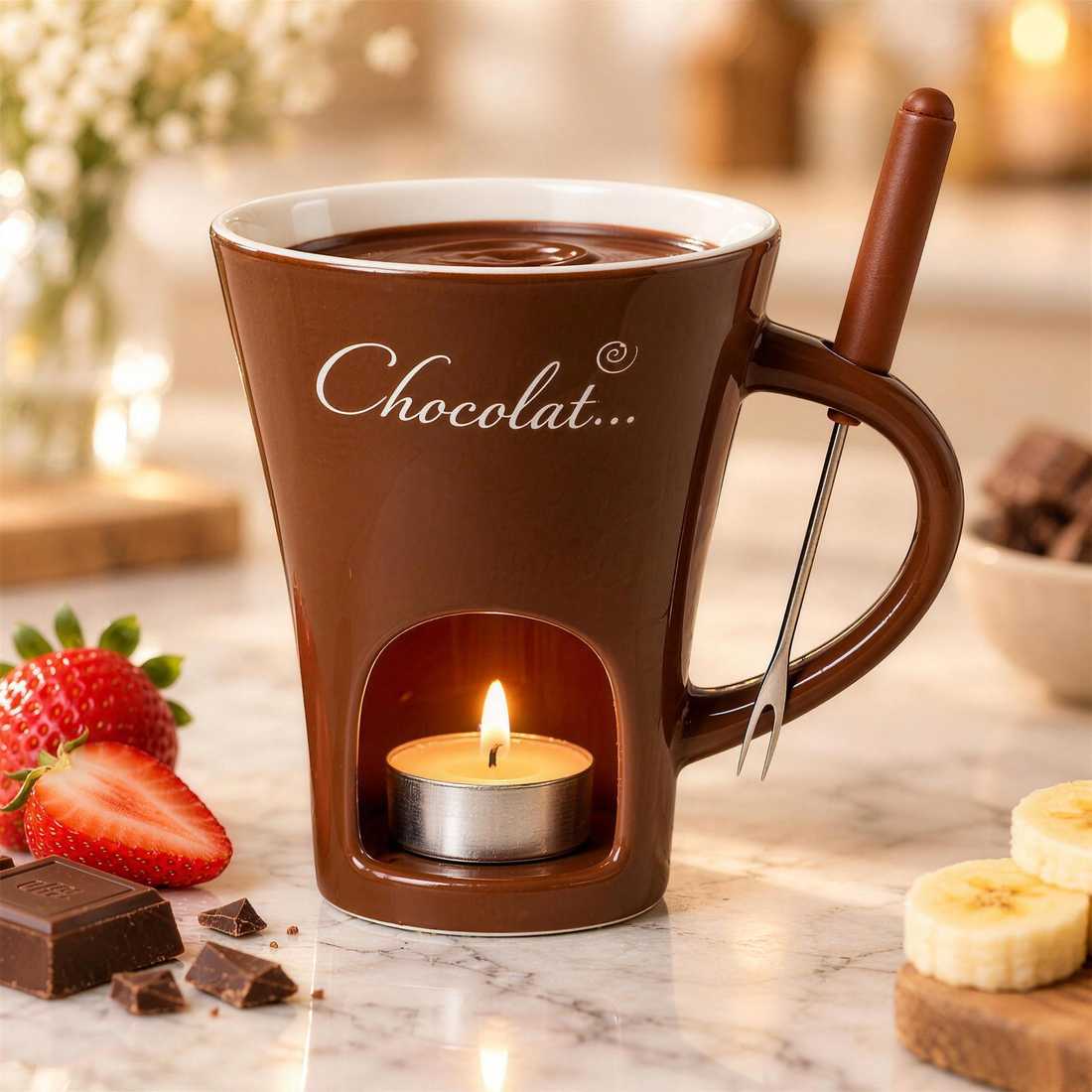Brown fondue mug with tealight and dipping fork