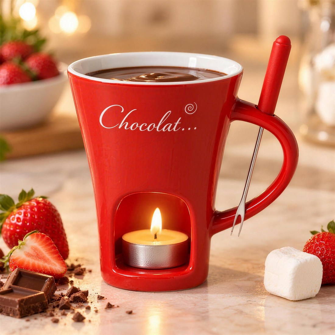 Red fondue mug with strawberries and chocolate