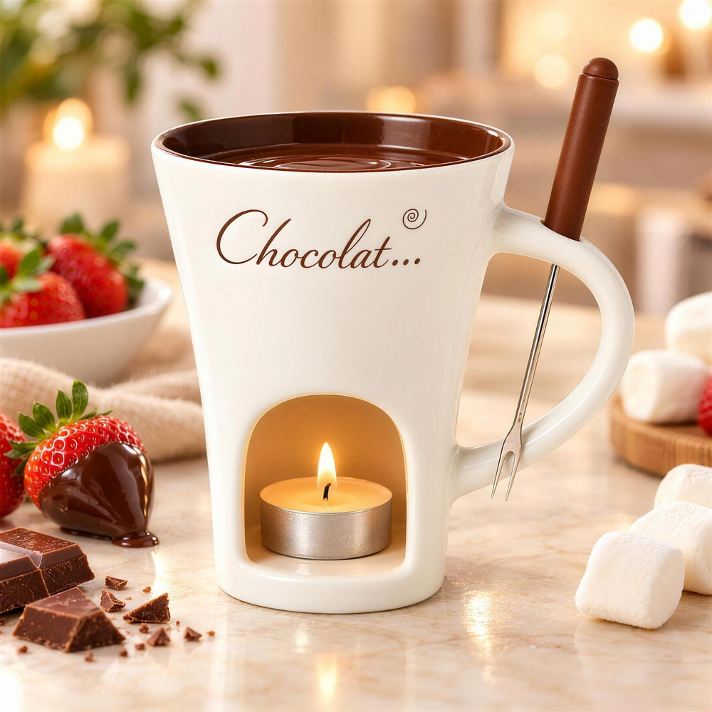 White fondue mug with melted chocolate